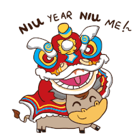 a cartoon of a bull wearing a lion costume with the words " niu year niu me " above it