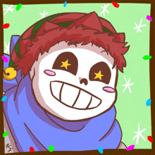 a drawing of a skeleton with red hair and a blue scarf