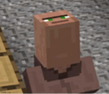 a minecraft villager with green eyes is sitting on a wooden block .