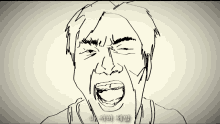 a black and white drawing of a man screaming with korean writing below him