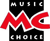 a logo for music choice with a red m on a black background