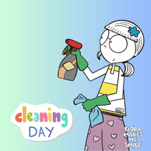 a cartoon of a woman holding a spray bottle and a cloth with the words cleaning day in the background