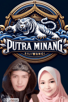 a man and a woman standing in front of a putra minang logo