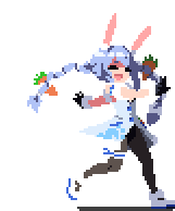 a pixel art of a girl with bunny ears holding a carrot in her hand .