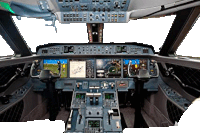 a cockpit of an airplane with a gps on the left