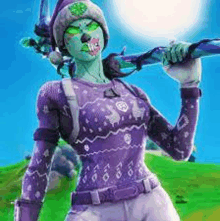 a woman in a purple sweater is holding a sword in her hand .