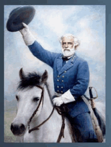 a man in a blue uniform is riding a white horse and raising his hat