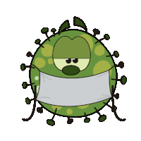 a cartoon drawing of a virus wearing a face mask