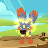 a cartoon character is sitting on a wooden box with a gift box in the background