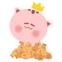 a pink piggy bank with a crown on top of a pile of goldfish