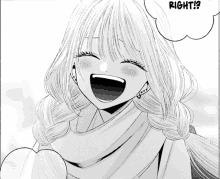 a black and white drawing of a girl laughing with a right speech bubble above her