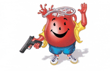 a red cartoon character holding a gun and wearing a yellow shirt