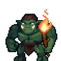 a pixel art of an orc holding a torch with flames coming out of it