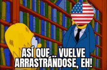 a cartoon of homer simpson standing in front of a bookshelf with an american flag on his head