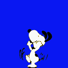 a cartoon of snoopy dancing with a blue background