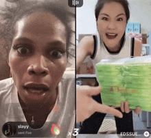 a woman is holding a stack of green tissues next to another woman who is holding a stack of green tissues