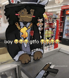 a cartoon of a man behind a cash register with the words boy gtfo written on it