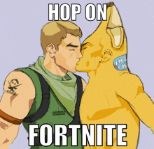 a cartoon of a man kissing another man with the words hop on fortnite on the bottom