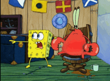 spongebob and krabby krab are standing next to each other in a room in a spongebob squarepants cartoon .