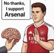 a cartoon of a man holding a brain next to a man in a red shirt .