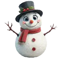 a snowman wearing a top hat and scarf smiles with his arms outstretched