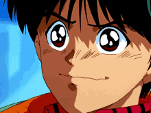 a close up of a anime character 's face with big eyes