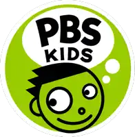 a logo for pbs kids shows a boy with a speech bubble above his head