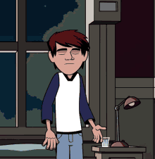 a cartoon character is standing in front of a window