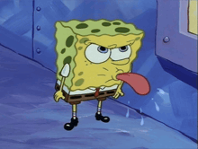 a cartoon character named spongebob has his tongue out