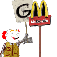 a clown is holding a sign that says gm in front of a mcdonalds sign