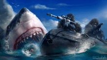 a painting of a shark attacking a man in a boat with the word scum below it