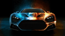 a blue and orange sports car with a galaxy painted on it