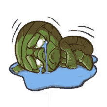 a cartoon of a turtle laying in a puddle of water crying .