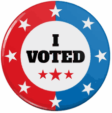 a red white and blue button that says i voted on it