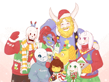 a group of cartoon characters are posing for a picture and one of them has a santa sweater on