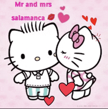 hello kitty and mr and mrs salamanca are kissing on a pink background