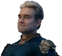 a man in a blue costume with a shield on his shoulder looks at the camera