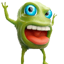 a green cartoon character with big blue eyes and a red tongue