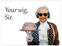 a man in a wig and sunglasses holds a tray with a wig on it and says your wig sir