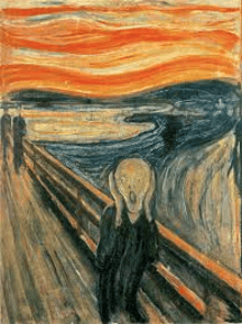 a painting of a man screaming on a bridge by painting artist .