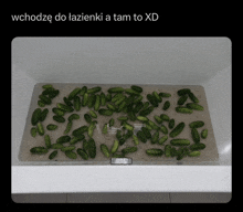 a bathtub filled with green cucumbers and the words wchodze do lazienki a tam to xd below it