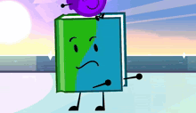 a cartoon character with a purple bug on top of a green and blue book