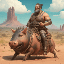 a man with a beard is riding a pig in the desert