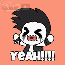 a cartoon character says yeah !!! on a red background
