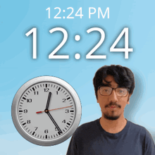 a man with glasses stands in front of a wall clock that says 12:24 pm