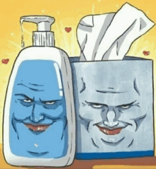 a cartoon of a soap dispenser and a box of tissues