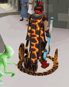 a video game character wearing a lava cape and holding a sword