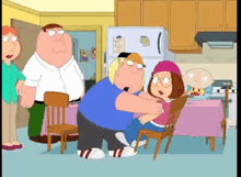 a group of cartoon characters are standing around a table in a kitchen