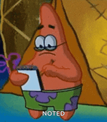 patrick star from spongebob squarepants is wearing glasses and holding a notepad .