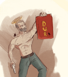 a drawing of a shirtless man holding a red book that says dur